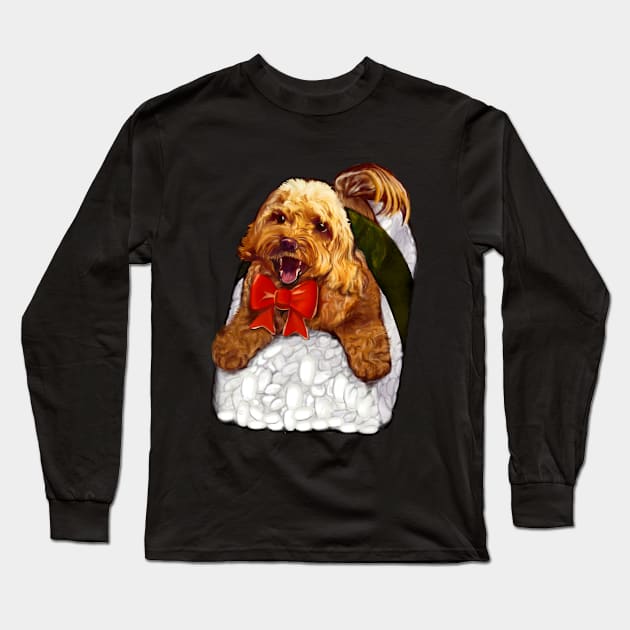 Sushi dog - Cute Cavapoo Cavoodle puppy dog with festive  red bow  - cavalier king charles spaniel poodle, puppy love Long Sleeve T-Shirt by Artonmytee